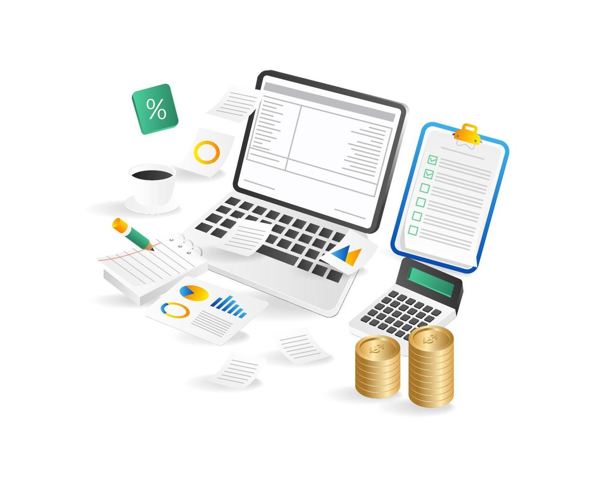 Flat 3d isometric office objects concept. Laptop, notepad, coffee cup, calculator, coins and checklist. Vector illustration.