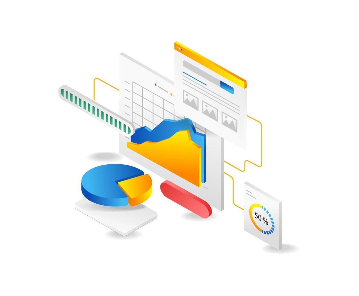 Isometric web analytics concept. Data analysis. Data analysis. Vector illustration.