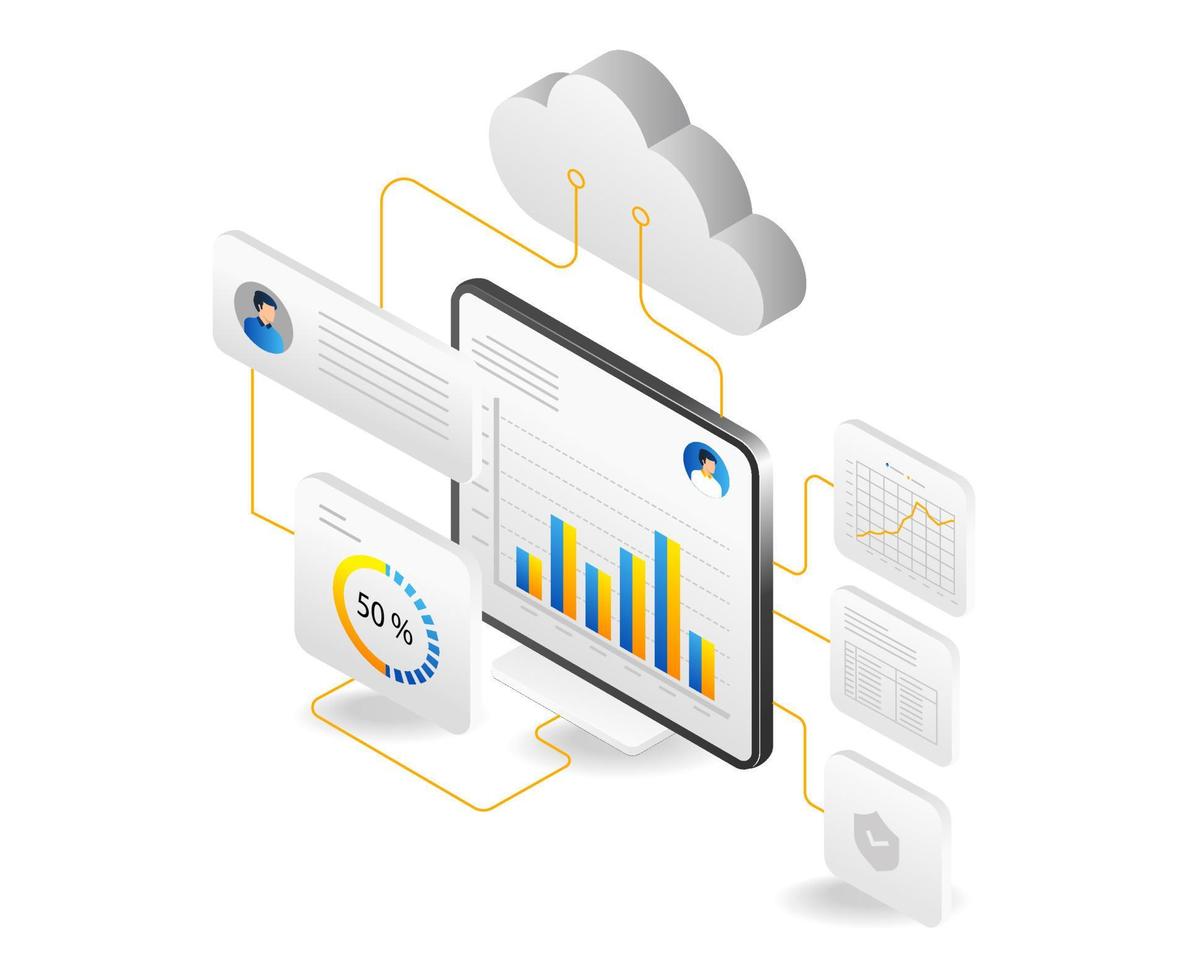Isometric flat design concept of cloud computing and data analysis. Vector illustration.