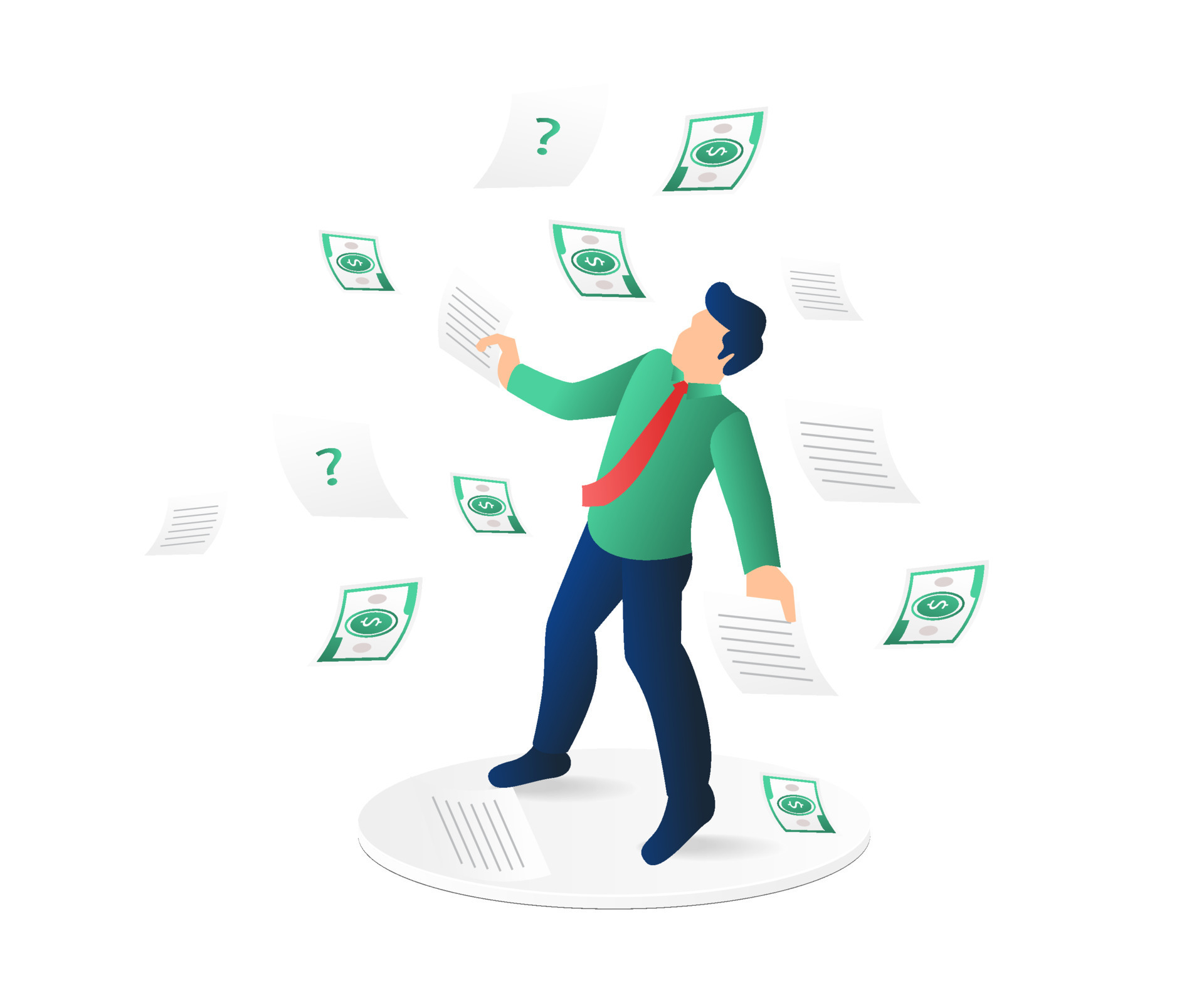 Businessman throwing money into the air. Isometric vector illustration