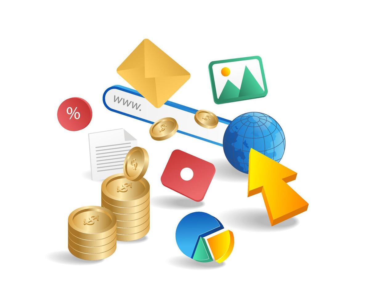 Concept of digital marketing with icons and 3d objects. Vector illustration.