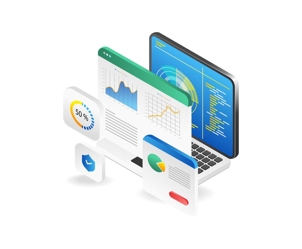 Isometric flat design concept of web analytics  data analysis  business reporteting research. Vector illustration