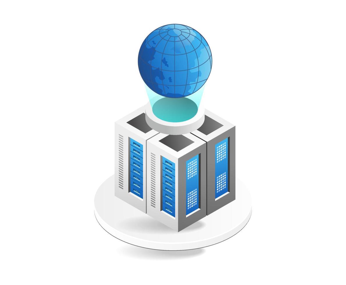 Global network isometric concept. 3d server with globe. Vector illustration.