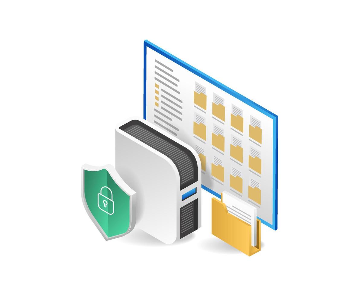 Data protection concept. Isometric data security concept. Shield with lock and folder. Vector illustration.