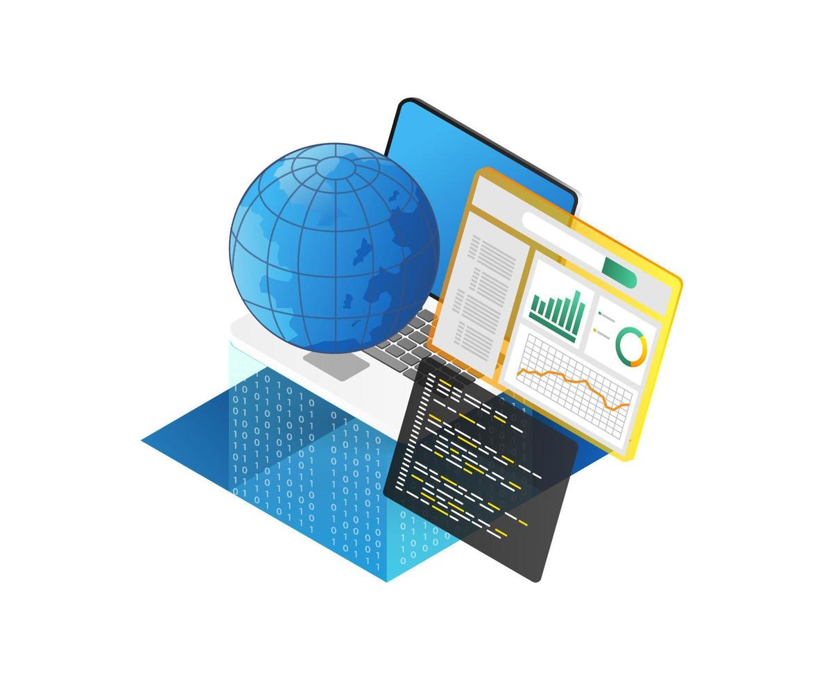Flat isometric illustration concept of web analytics  data analysis  SEO optimization. vector
