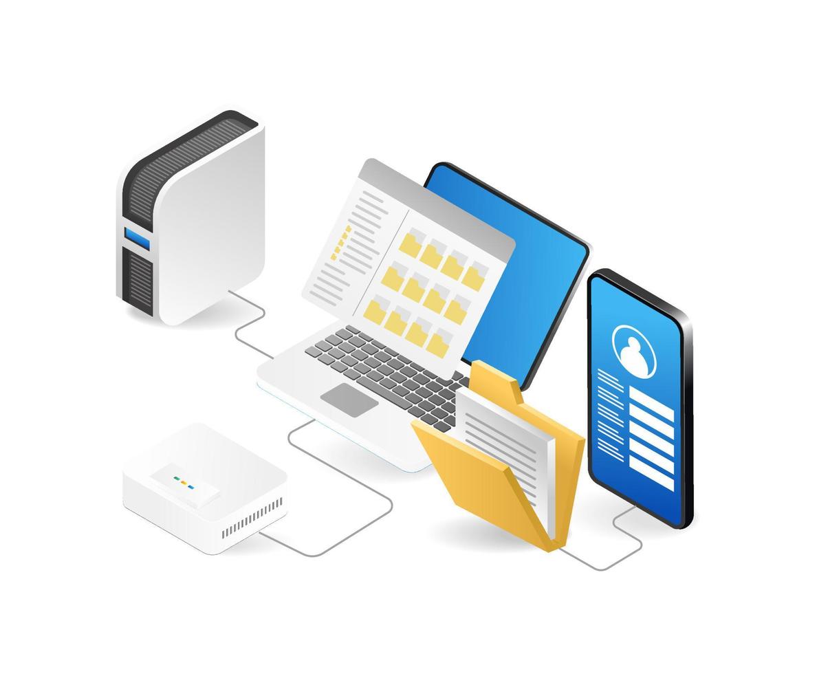 Isometric laptop  mobile phone  folder and server. Vector illustration.