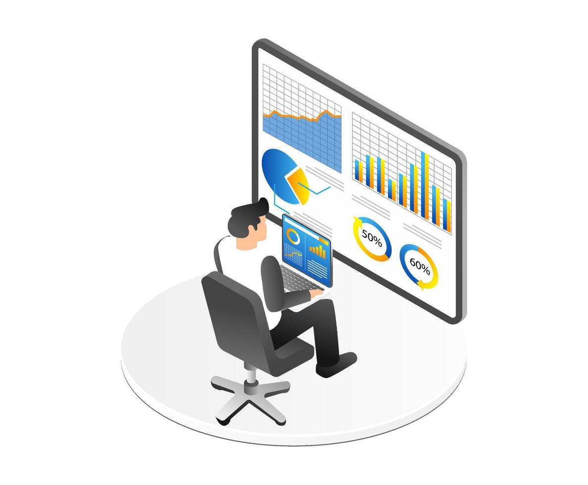 Isometric business concept. Businessman analyzing financial data vector