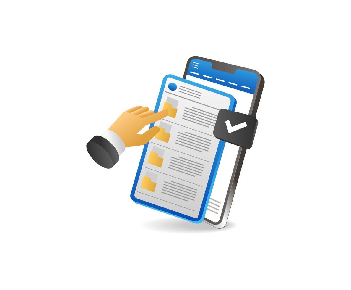 Smartphone with check mark and human hand holding phone. Vector illustration.