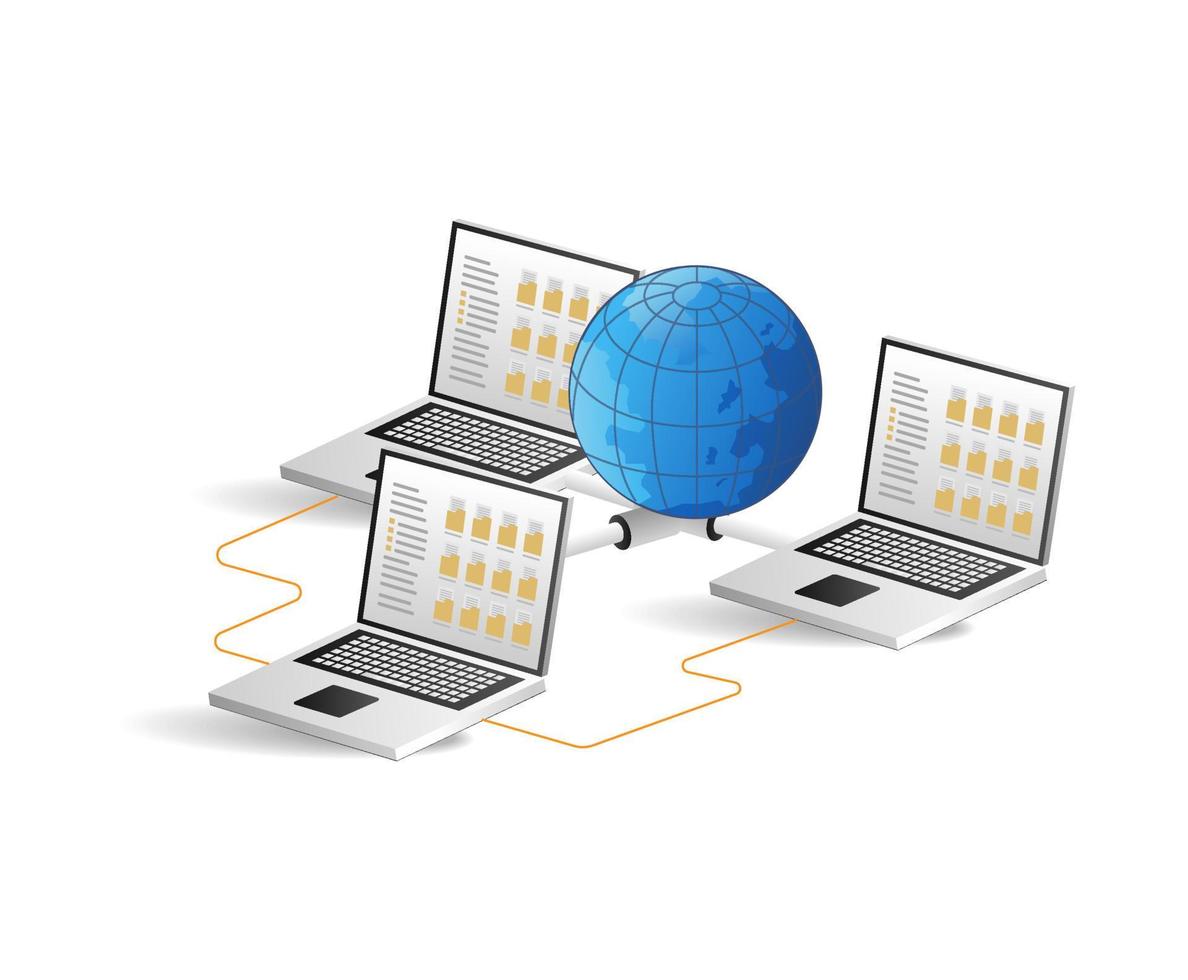Laptop connected to the global network. Vector illustration isolated on white background.