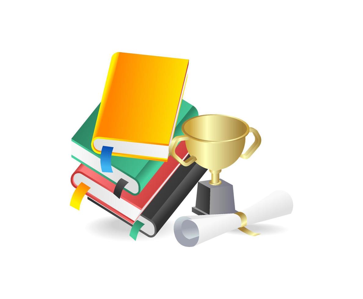 3d isometric illustration concept of pile of books and trophies vector