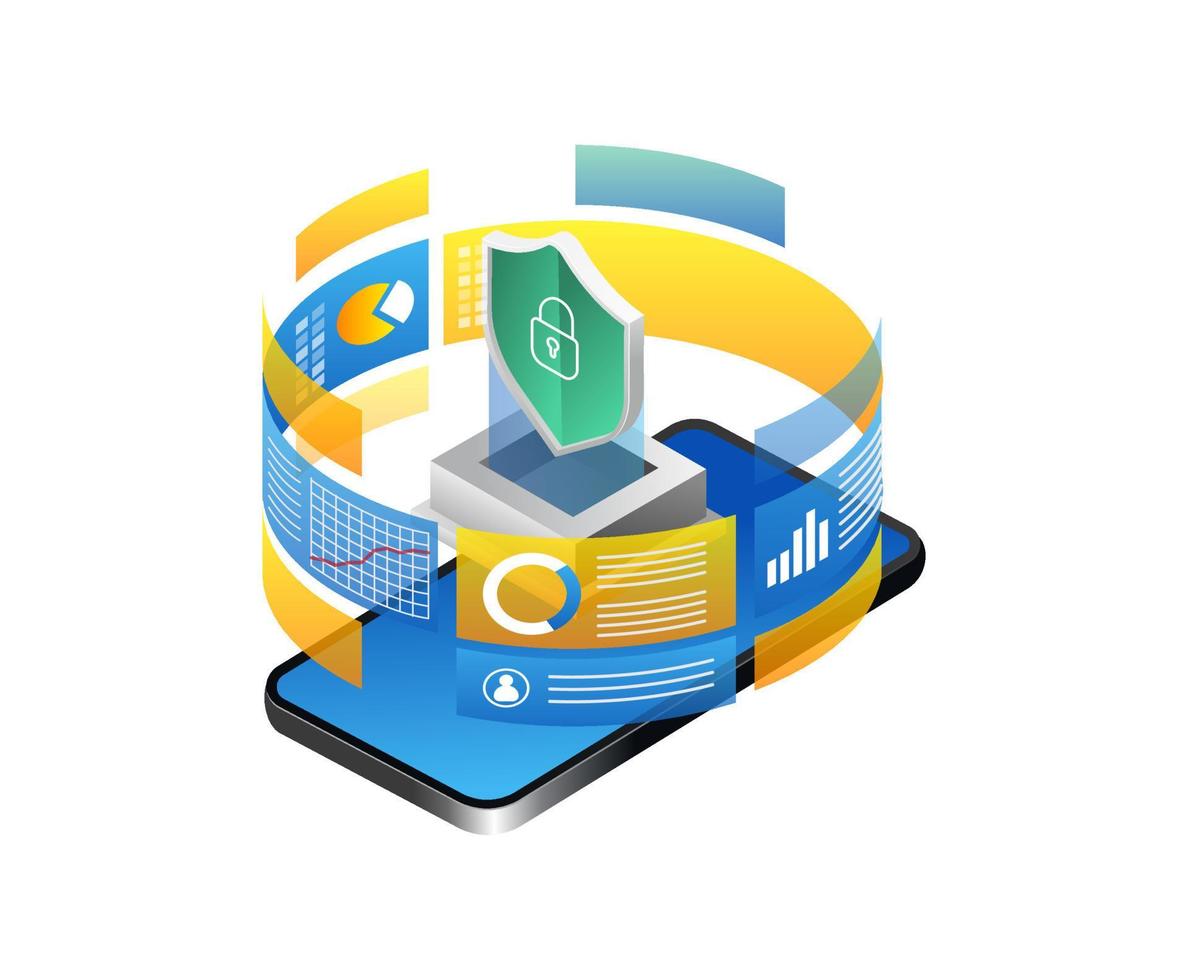 Data protection isometric concept with smartphone and shield on white background vector illustration