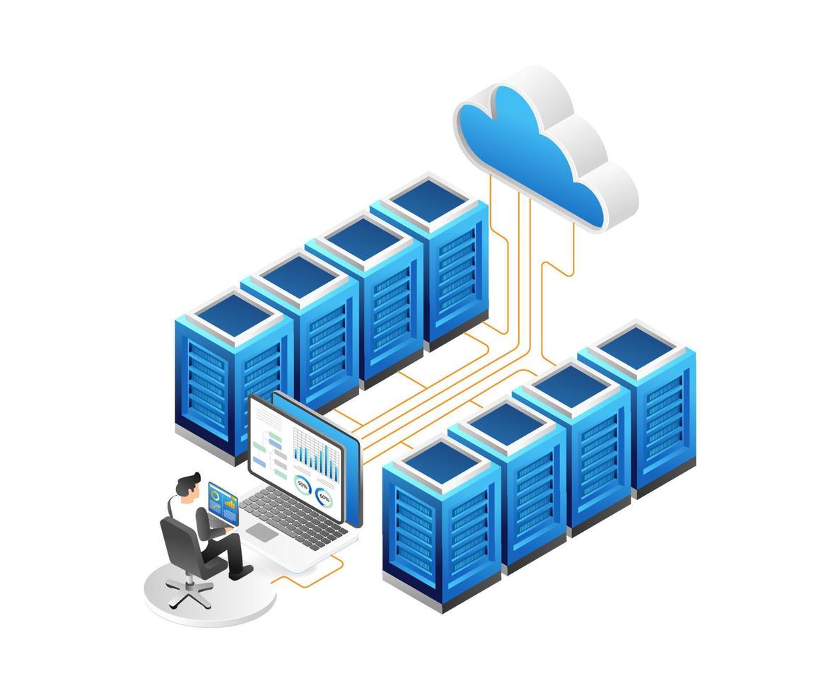 Isometric server room. Cloud computing and data storage. Vector illustration