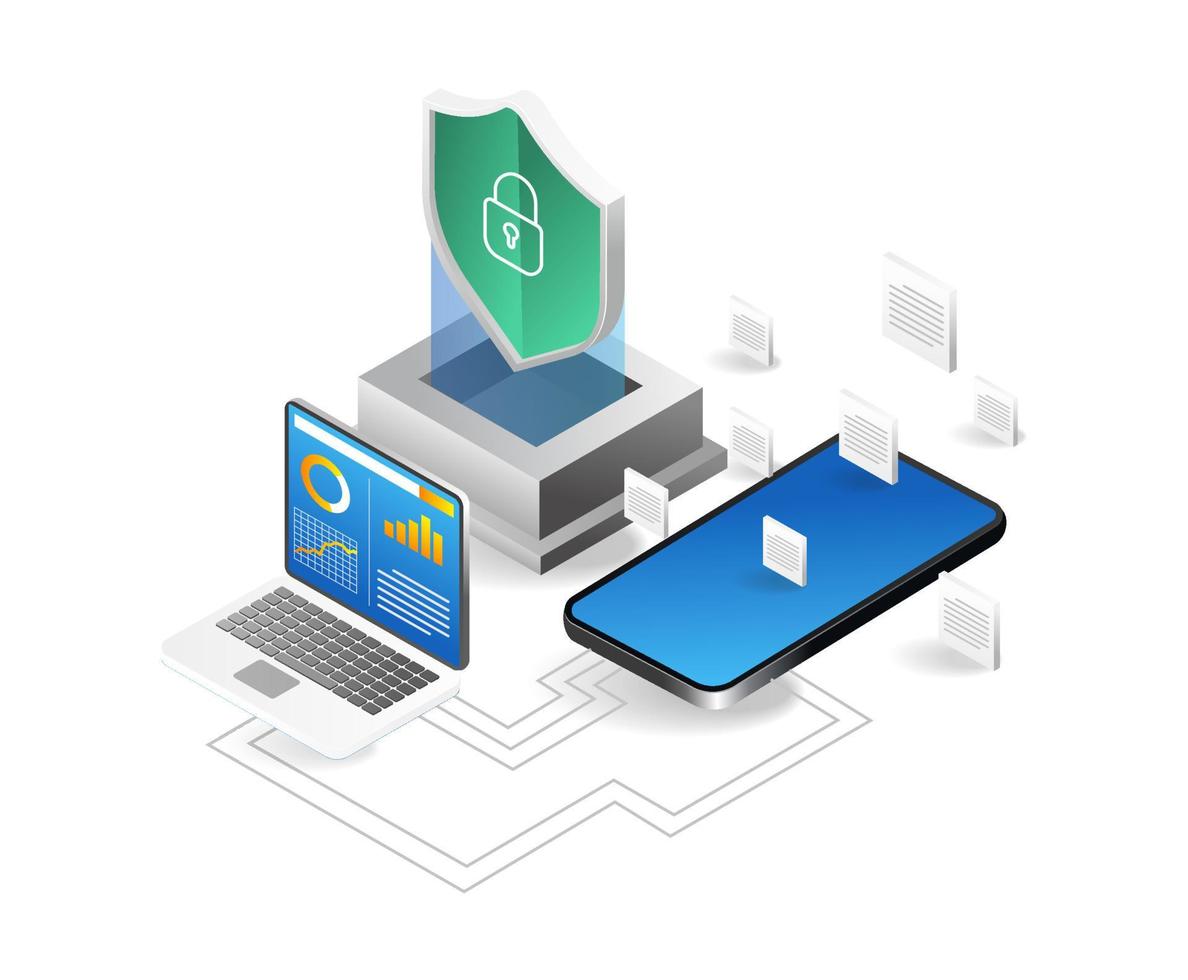 Data protection concept. Laptop, smartphone and shield. Isometric vector illustration.