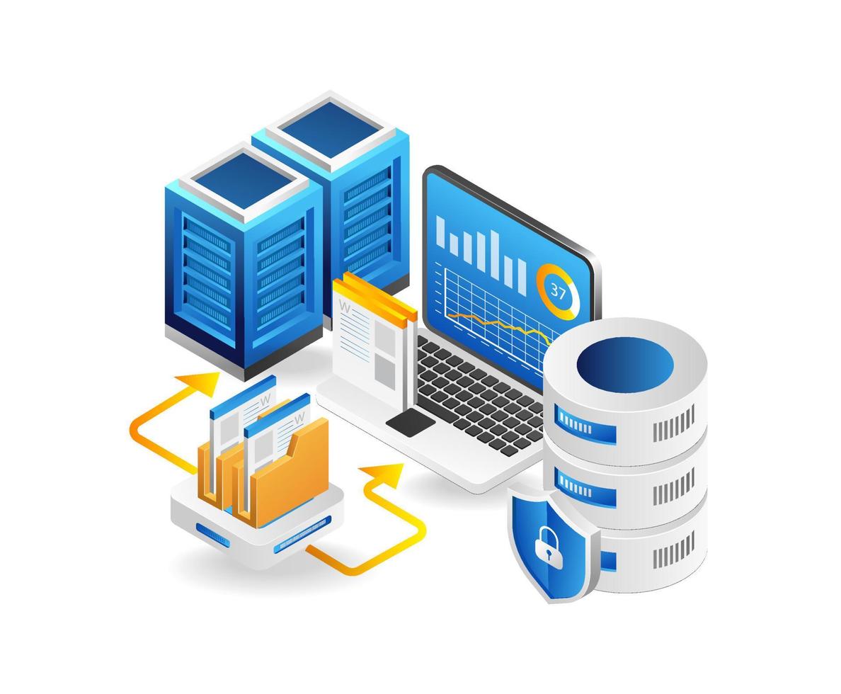 3d isometric illustration concept of maintaining big data web hosting server vector