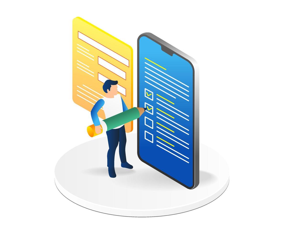 Isometric online survey. Online questionnaire form on smartphone screen. Online questionnaire form. 3d vector illustration.