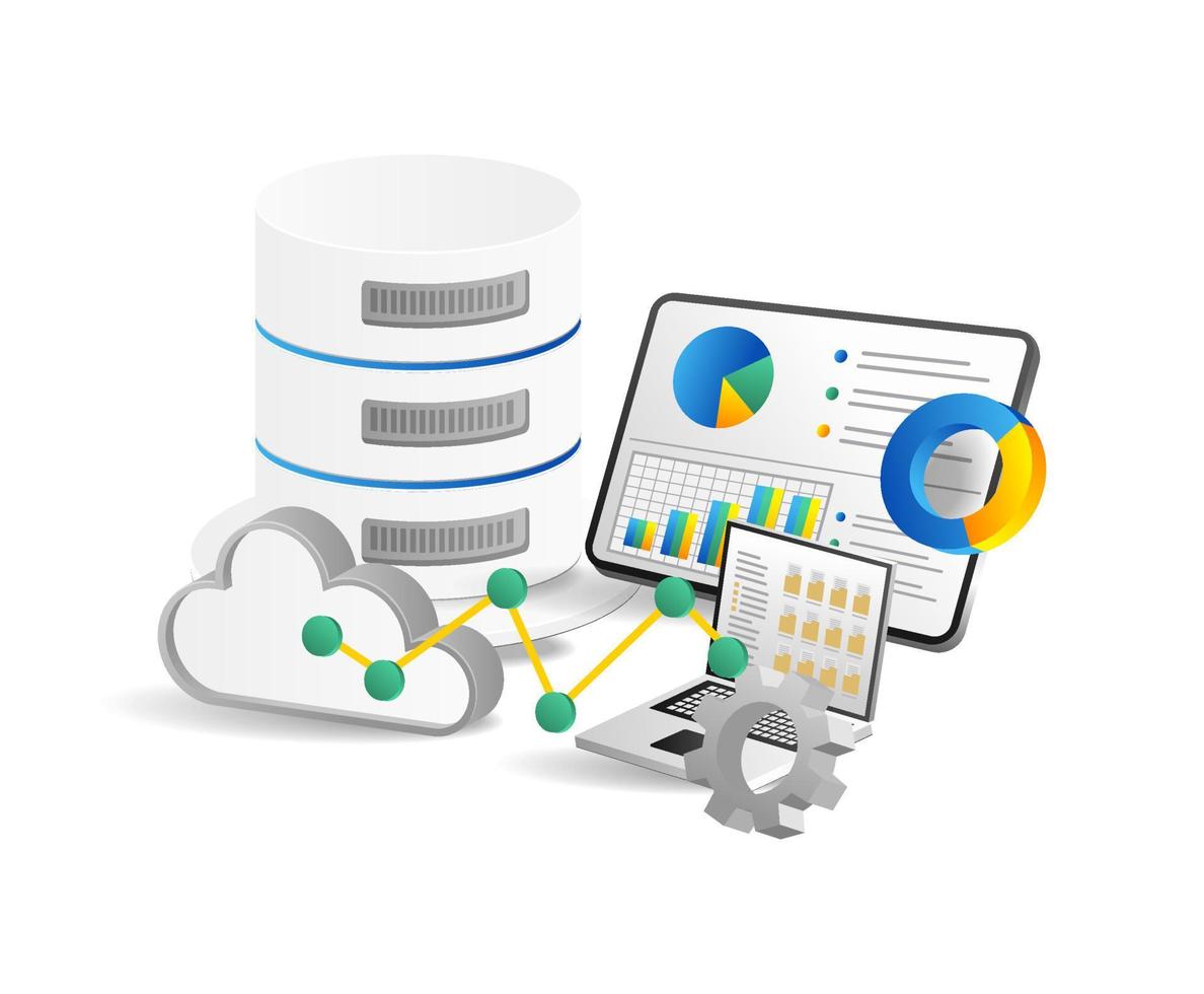 3d isométrica ilustración concepto de análisis base de datos nube servidor tecnología vector