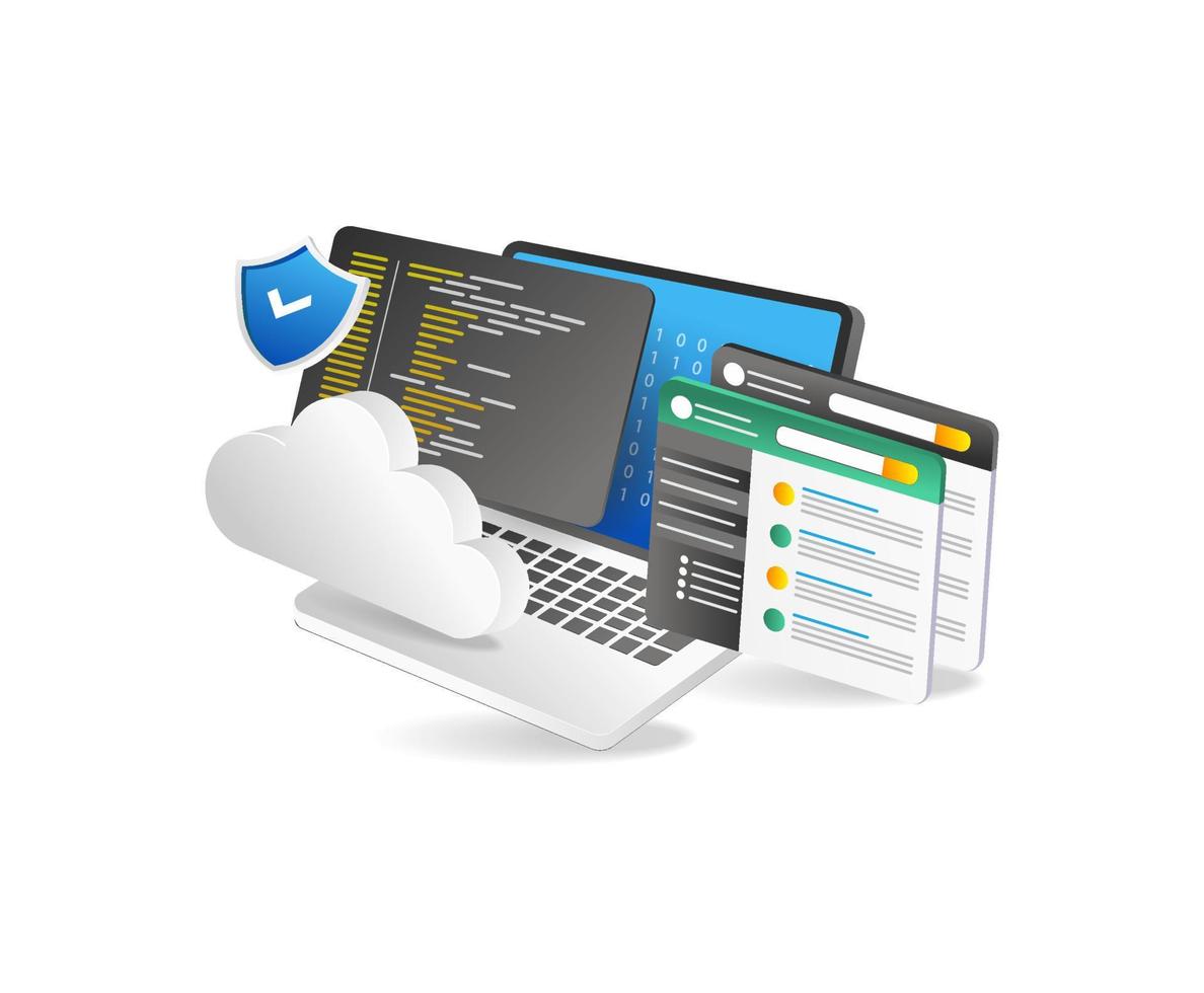 nube informática seguridad concepto con computadora portátil, tableta ordenador personal, teléfono inteligente y proteger vector