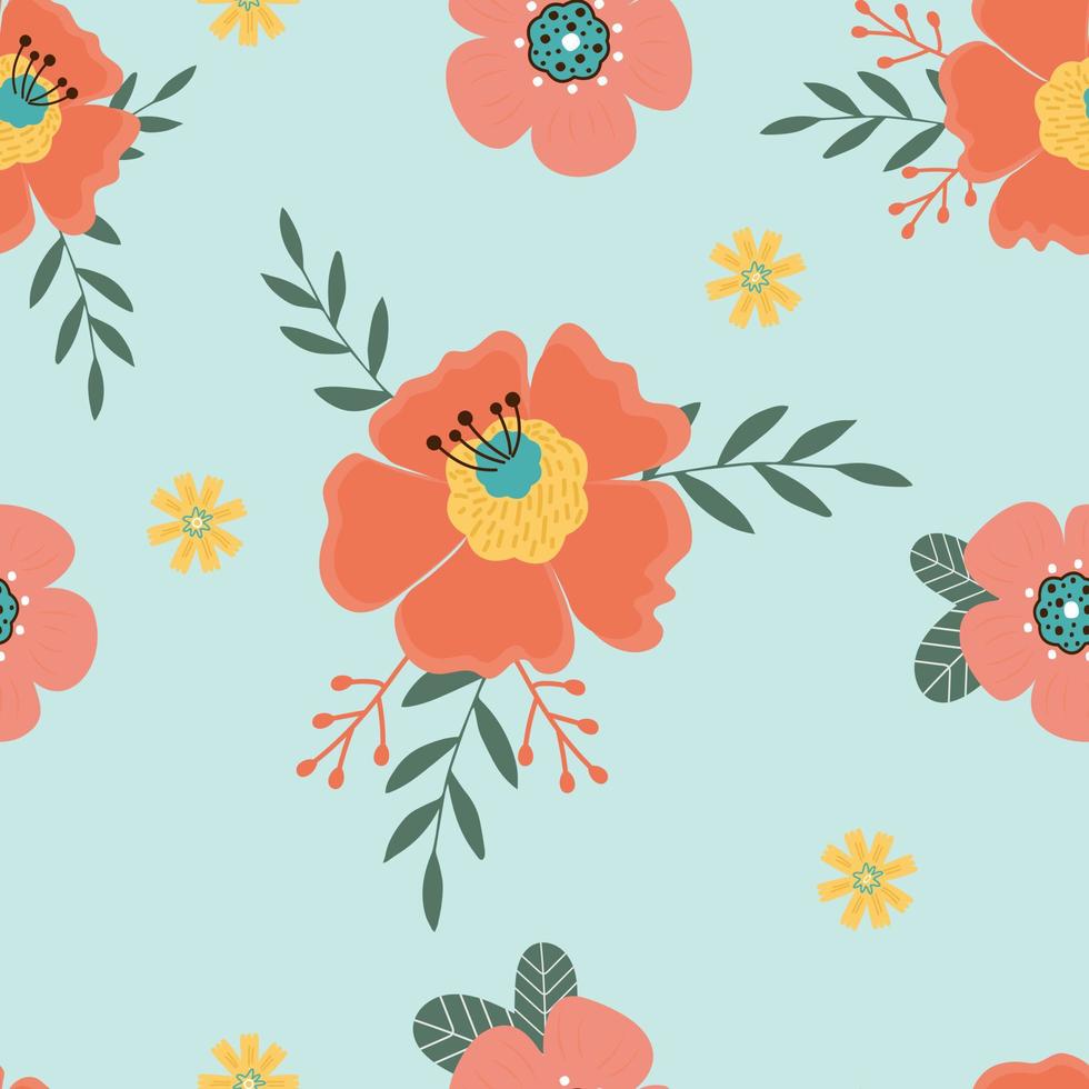 Seamless pattern with hand drawn   flowers and branh with leaves. vector