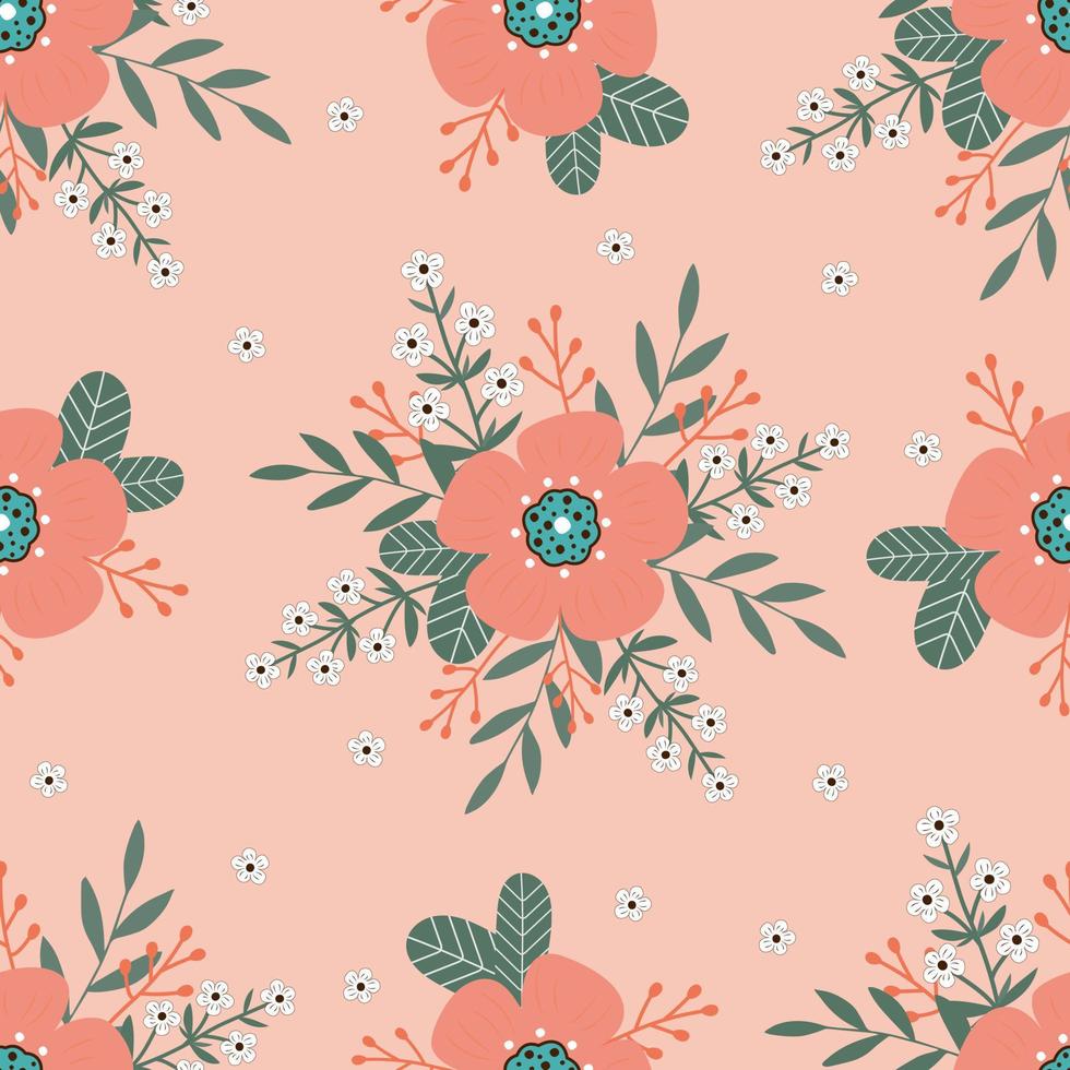 Seamless pattern with hand drawn   flowers and branch with leaves vector