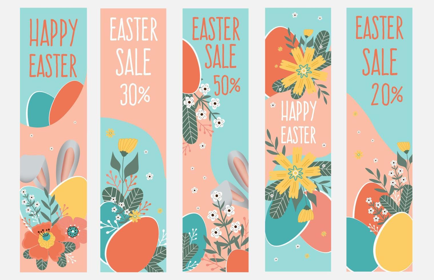 Happy easter sale banners. Spring flowers with the easter eggs and rabbit ears on pink and blue background. vector
