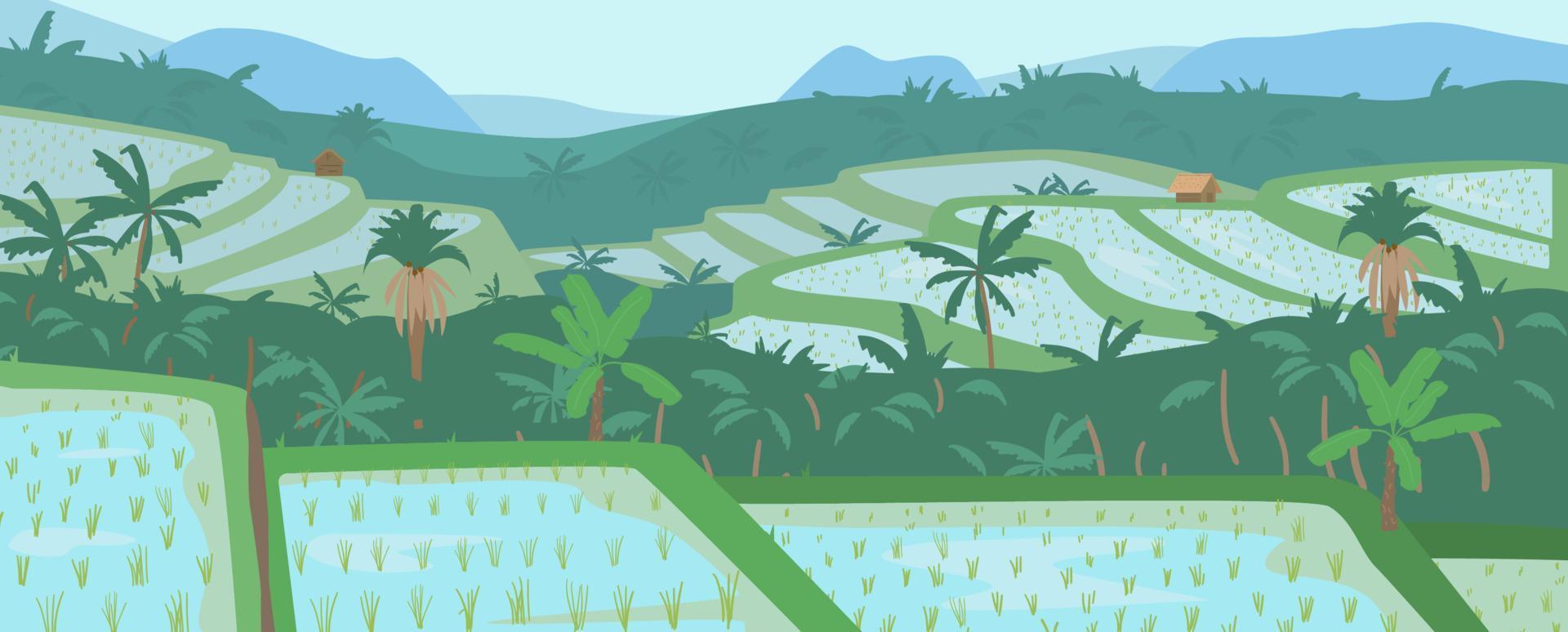 Terraced Asian Rice Fields In Mountains Landscape. Traditional Agriculture. Vector Illustration.