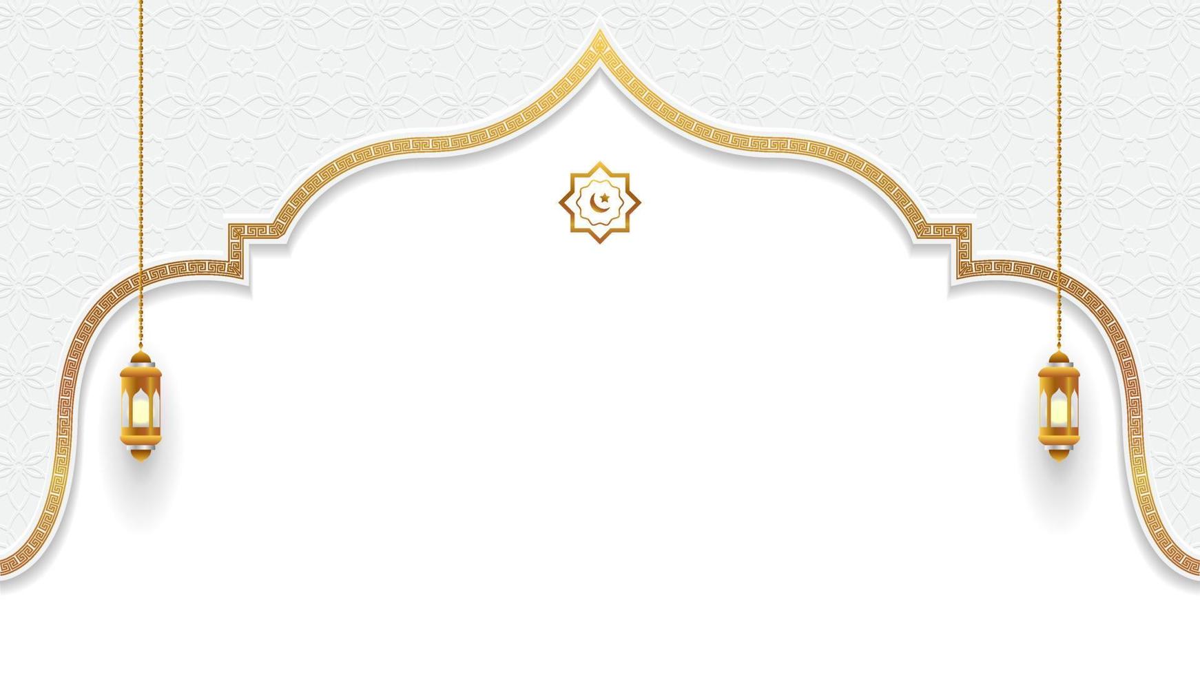 white and gold islamic arch background with lantern and space for text . islamic vector illustration