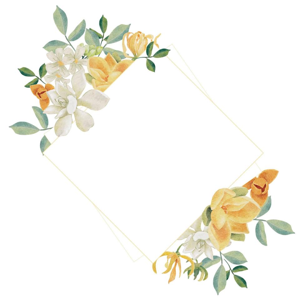 watercolor white gardenia and Thai style flower bouquet with gold frame vector