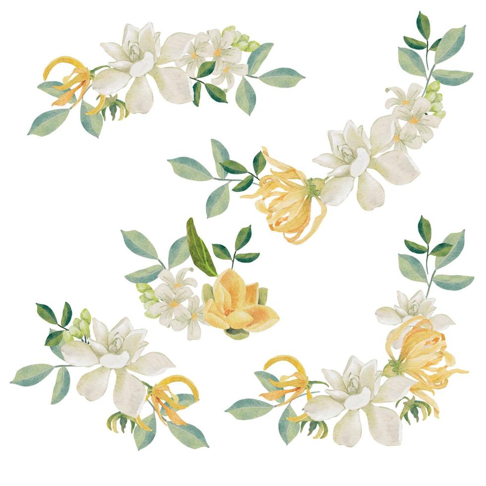 watercolor white gardenia and Thai style flower bouquet wreath frame vector