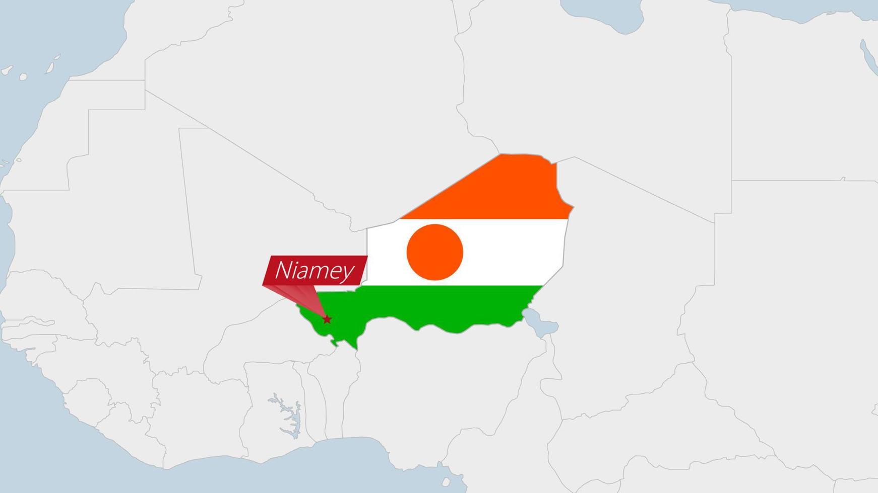 Niger map highlighted in Niger flag colors and pin of country capital Niamey. vector