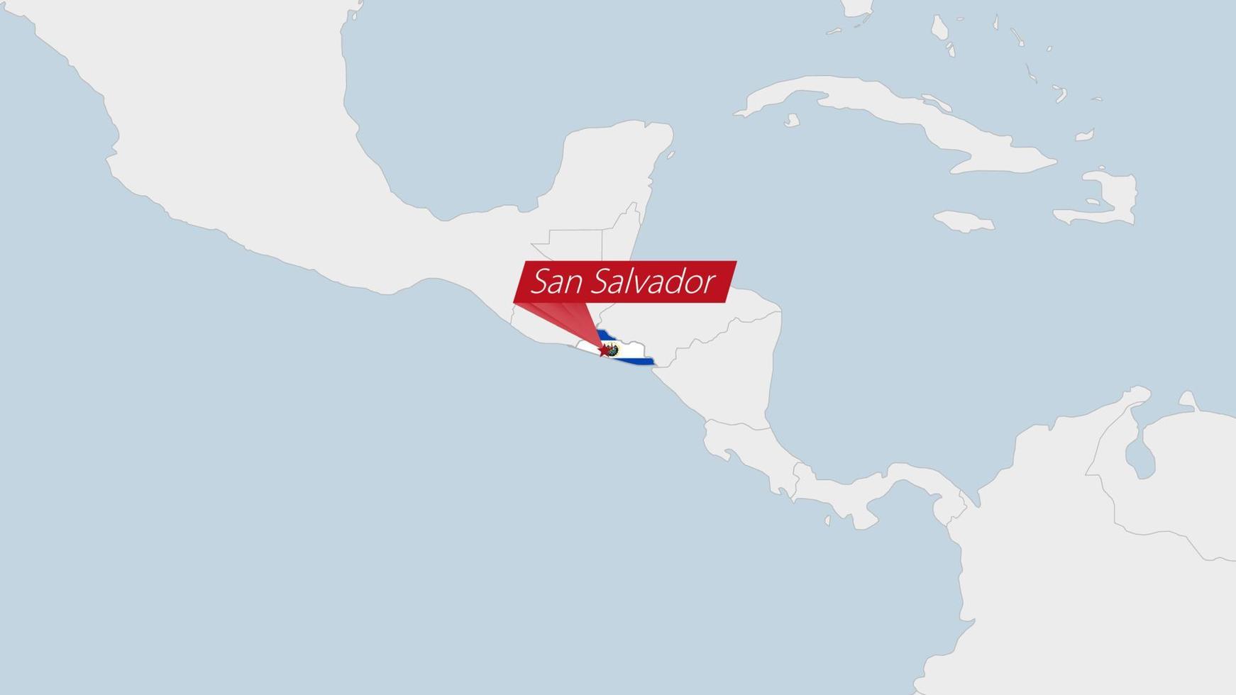 El Salvador map highlighted in El Salvador flag colors and pin of country capital San Salvador. vector