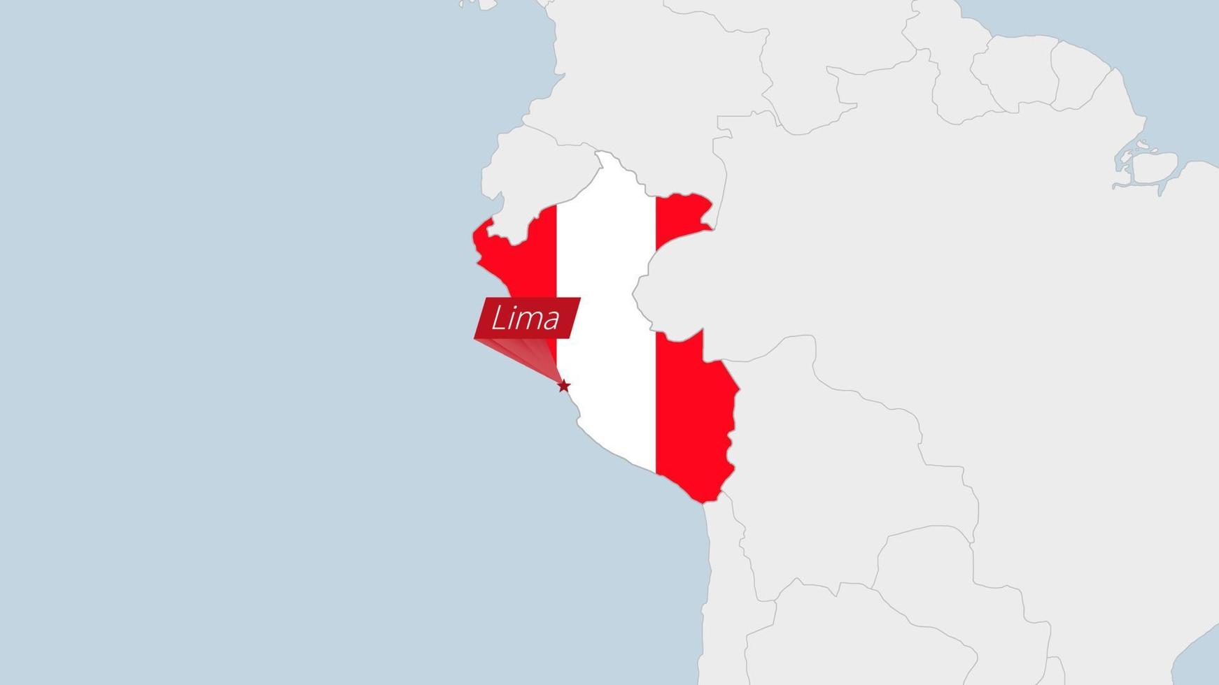 Peru map highlighted in Peru flag colors and pin of country capital Lima. vector