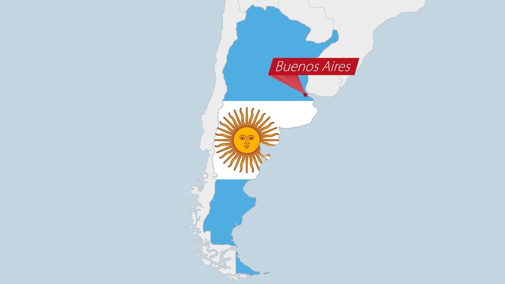 Argentina map highlighted in Argentina flag colors and pin of country capital Buenos Aires. vector