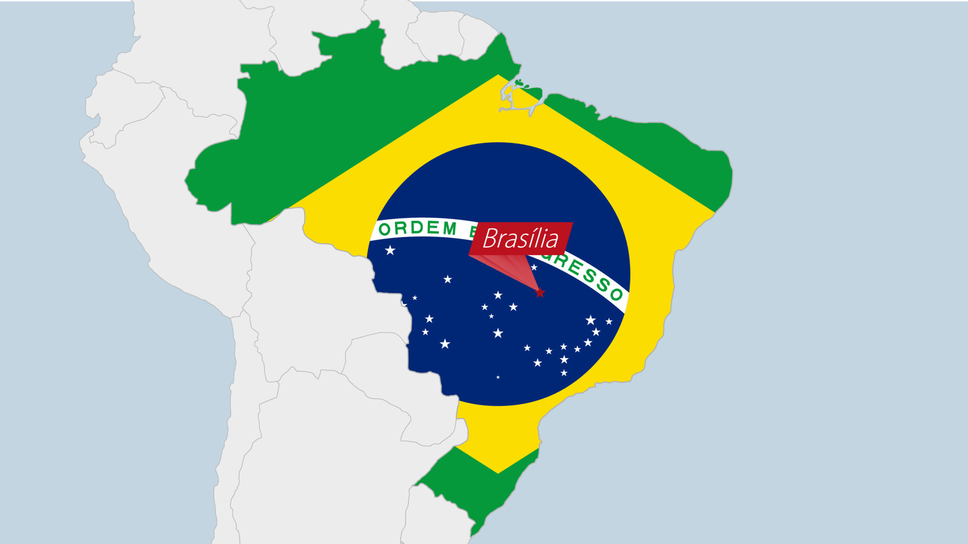 Brazil map highlighted in Brazil flag colors and pin of country capital