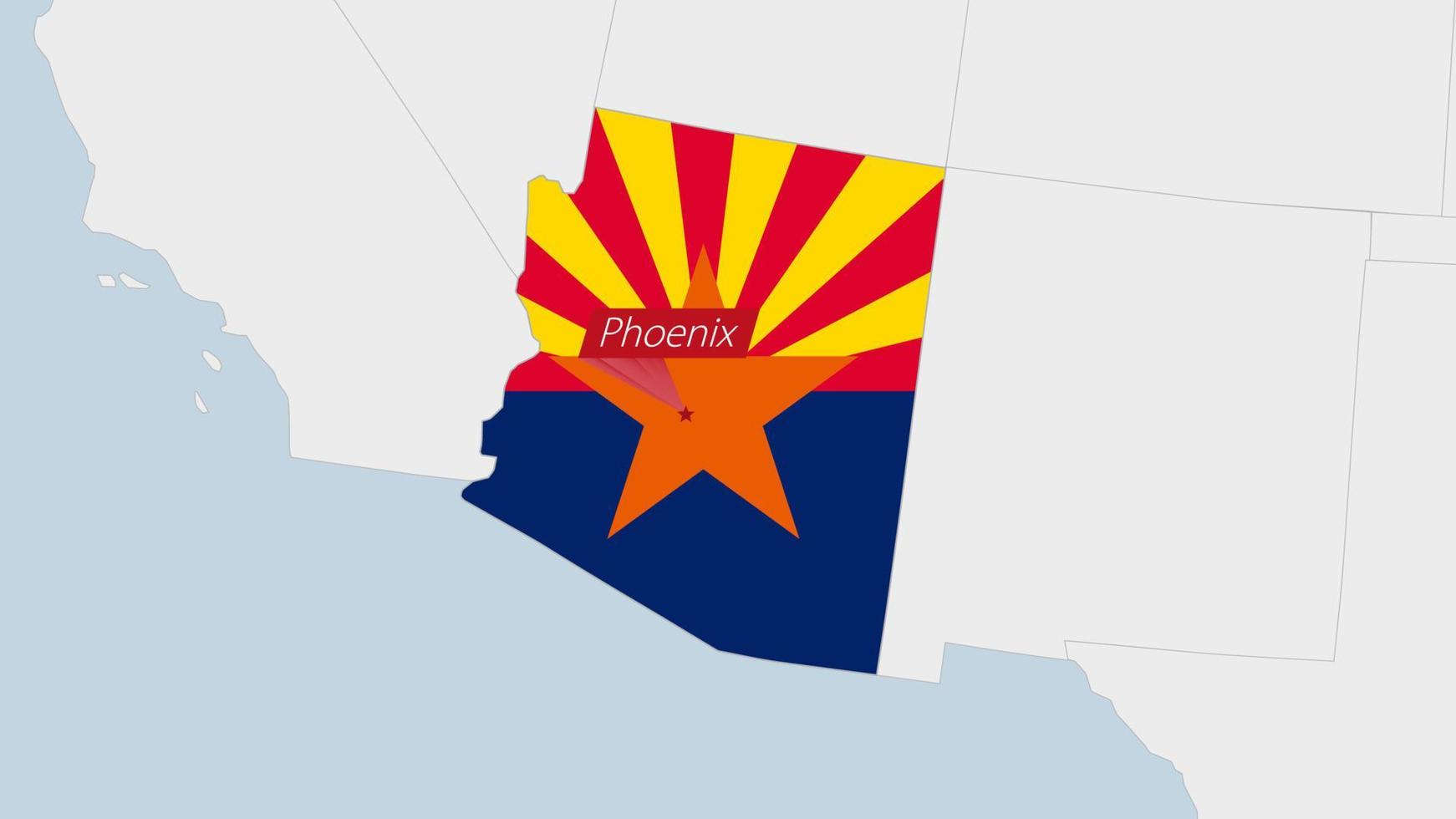 US State Arizona map highlighted in Arizona flag colors and pin of country capital Phoenix. vector