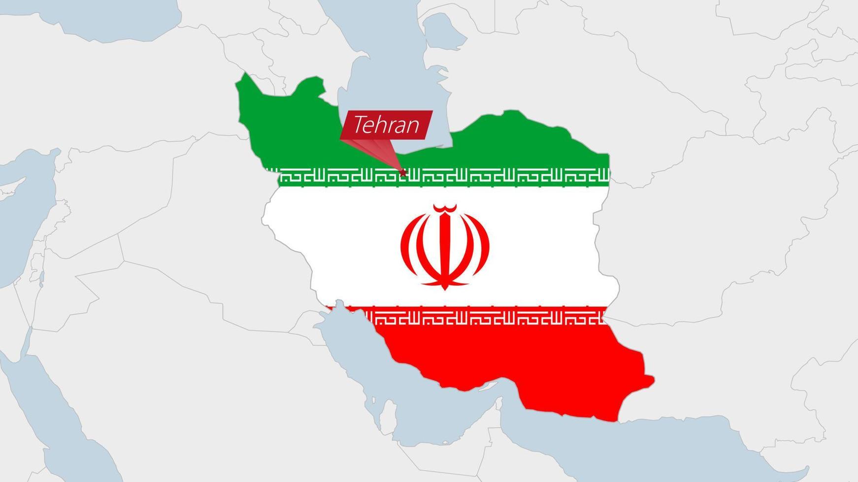 Iran map highlighted in Iran flag colors and pin of country capital Tehran. vector