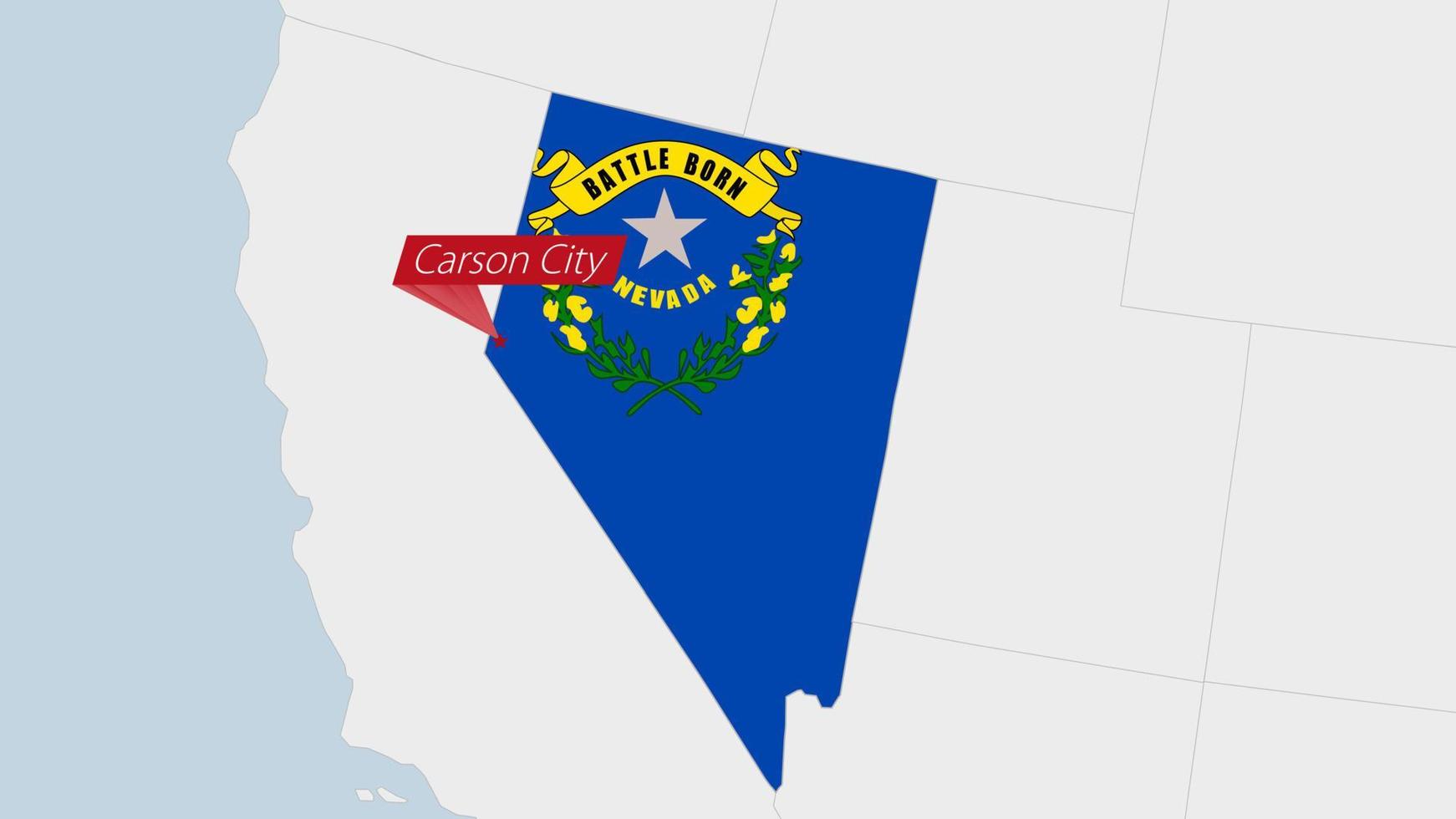 US State Nevada map highlighted in Nevada flag colors and pin of country capital Carson City. vector
