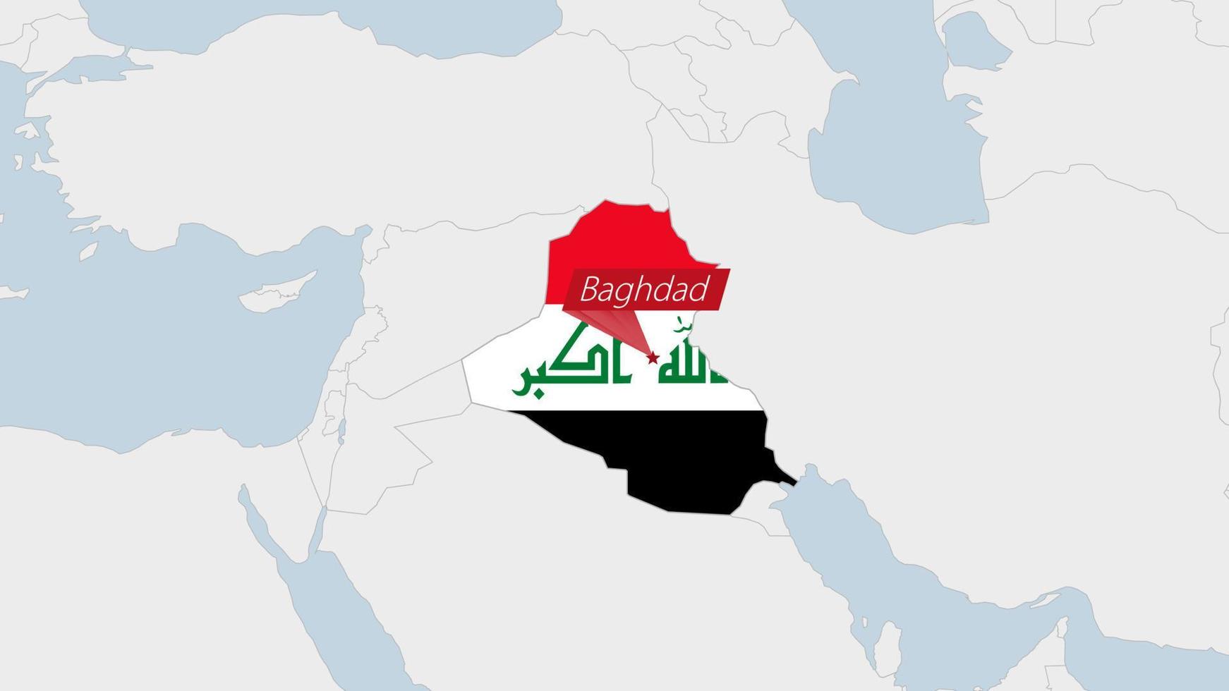 Irak mapa destacado en Irak bandera colores y alfiler de país capital bagdad vector