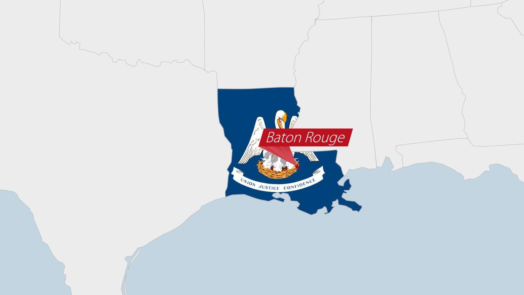 US State Louisiana map highlighted in Louisiana flag colors and pin of country capital Baton Rouge. vector