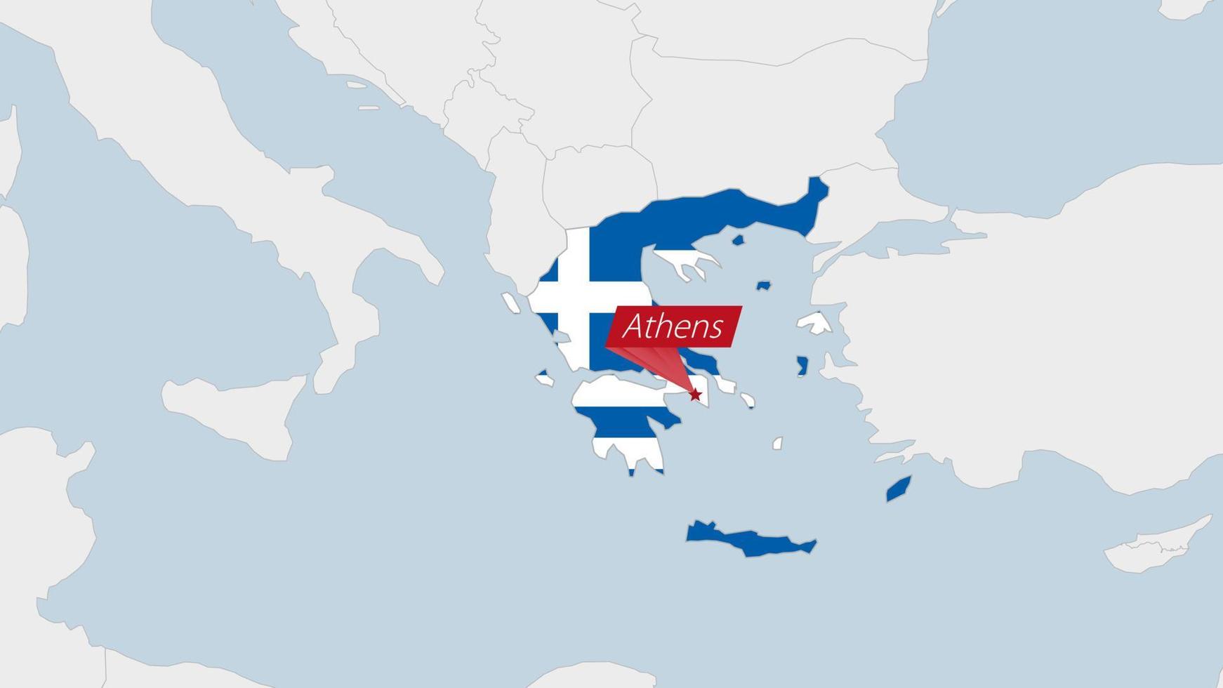 Greece map highlighted in Greece flag colors and pin of country capital Athens. vector