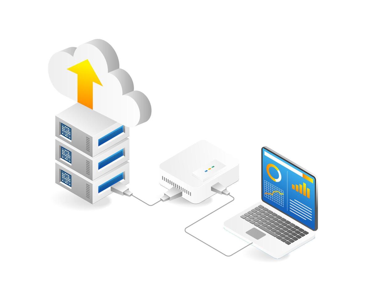 nube informática isométrica concepto. servidor tableta ordenador portátil y nube informática icono. vector