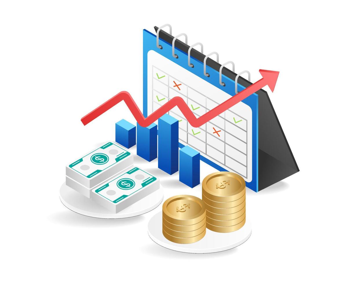 Business chart and coins on a white background. Isometric vector illustration.