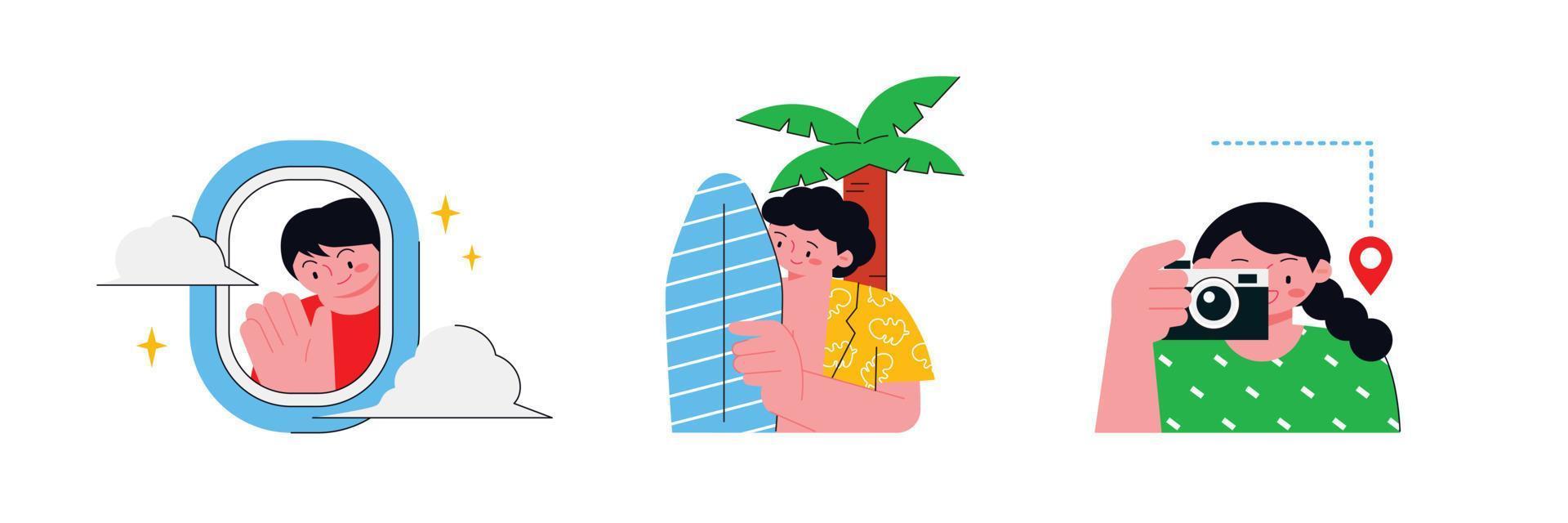 personas disfrutando verano. un chico en un avión ventana, un chico con un tabla de surf y un hawaiano camisa, y un niña tomando fotos. vector