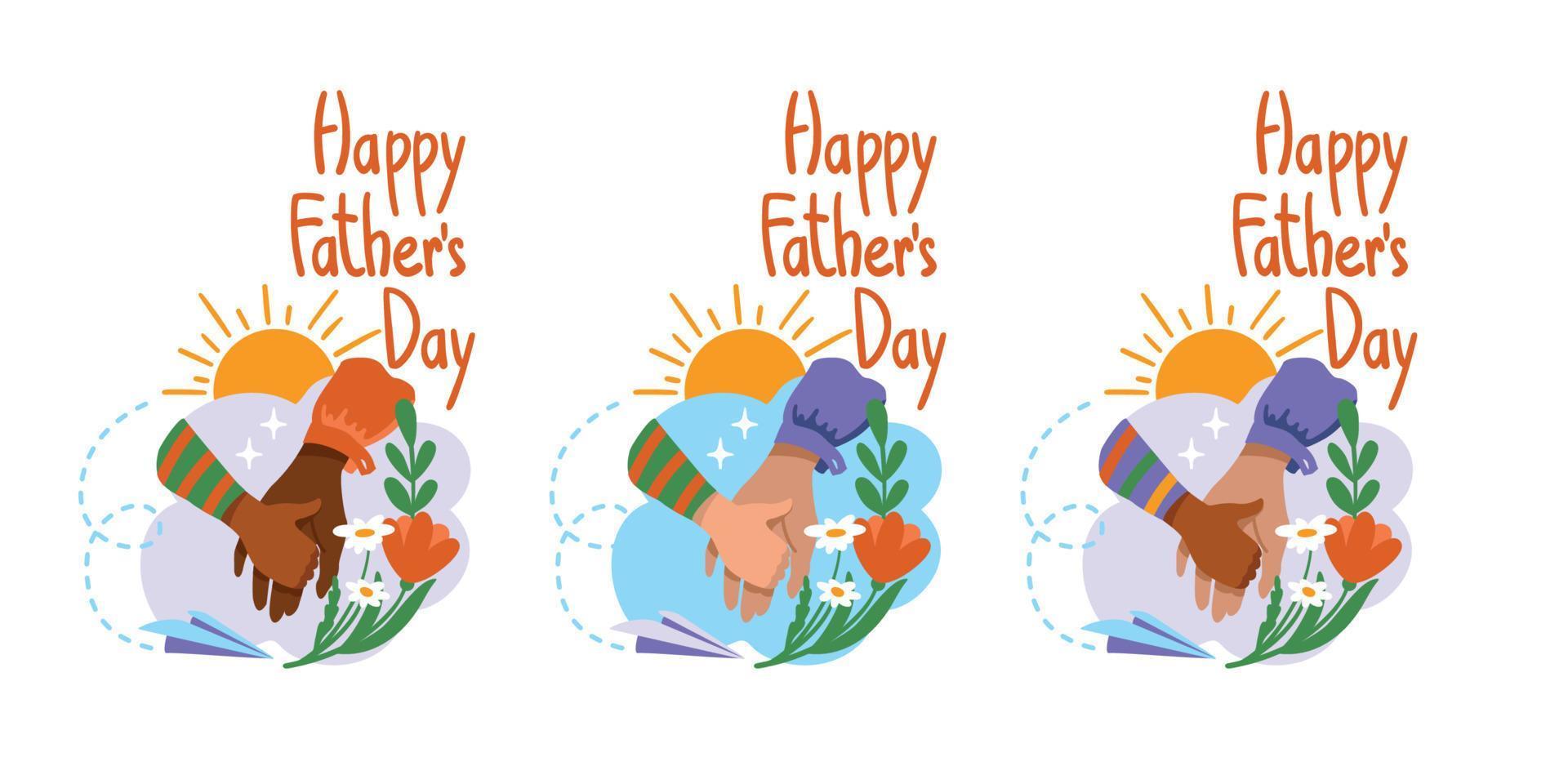 Happy Fathers day. Father holding his child's hand. Simbol.  Set of illustration. Vector