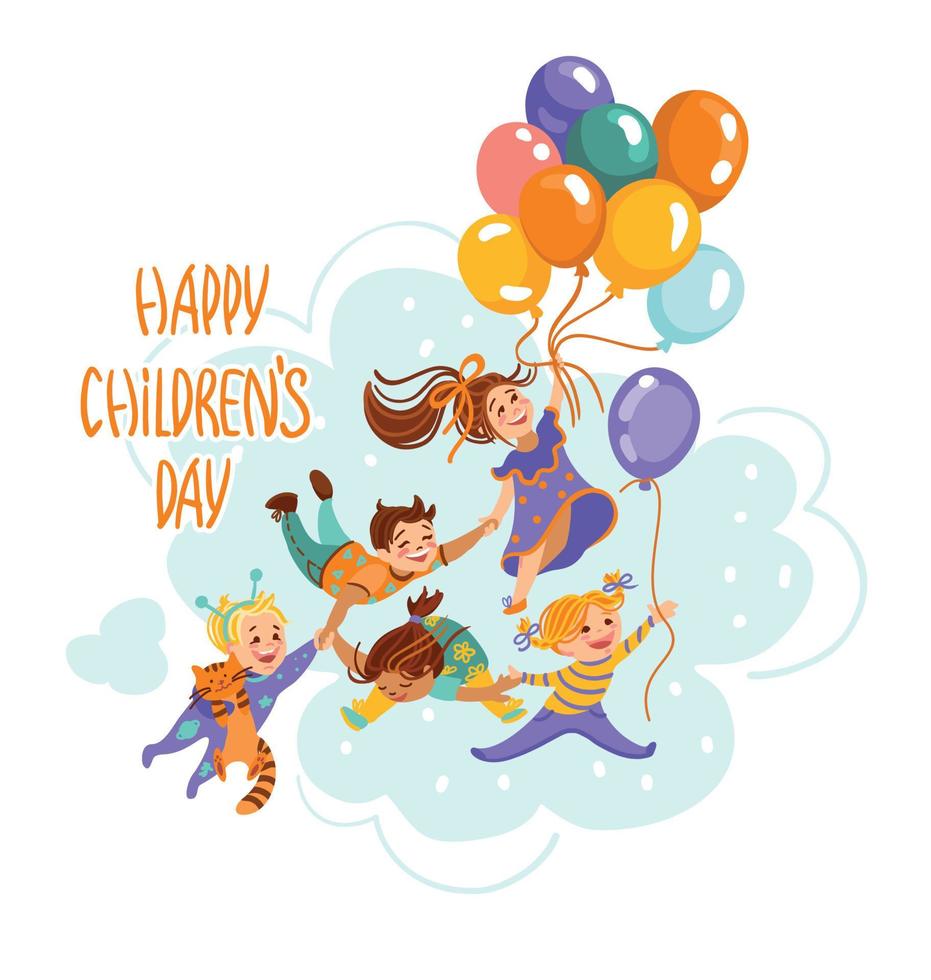 Laughing children fly clutching a bunch of balloons. Children's day.  Vector illustration.