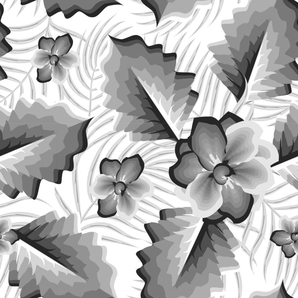 abstract foliage seamless pattern with gray monochromatic tropical palm leaves and floral plants on white background. flowers background. Exotic wallpaper. Summer design. surface design. autumn. fall vector