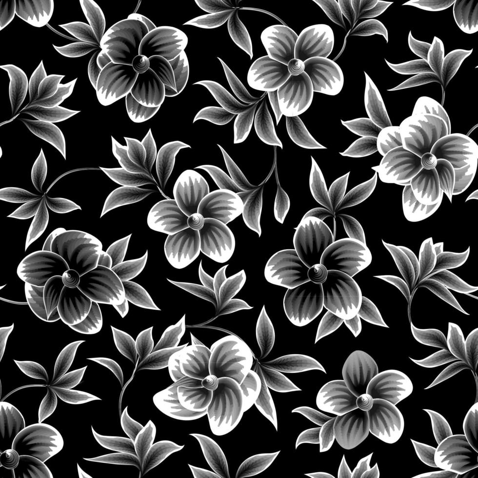 Clásico flores sin costura modelo en oscuro antecedentes. floral antecedentes decorativo. negro y blanco tropical hojas planta. monocromo elegante floral. exótico fondo de pantalla. primavera diseño. otoño modelo vector