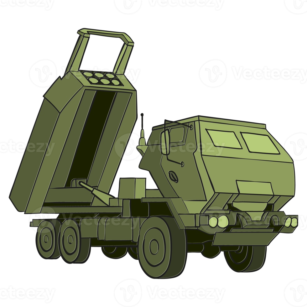 HIMARS Doodle in flat style. M142 High Mobility Artillery Rocket System. Tactical truck. PNG illustration.