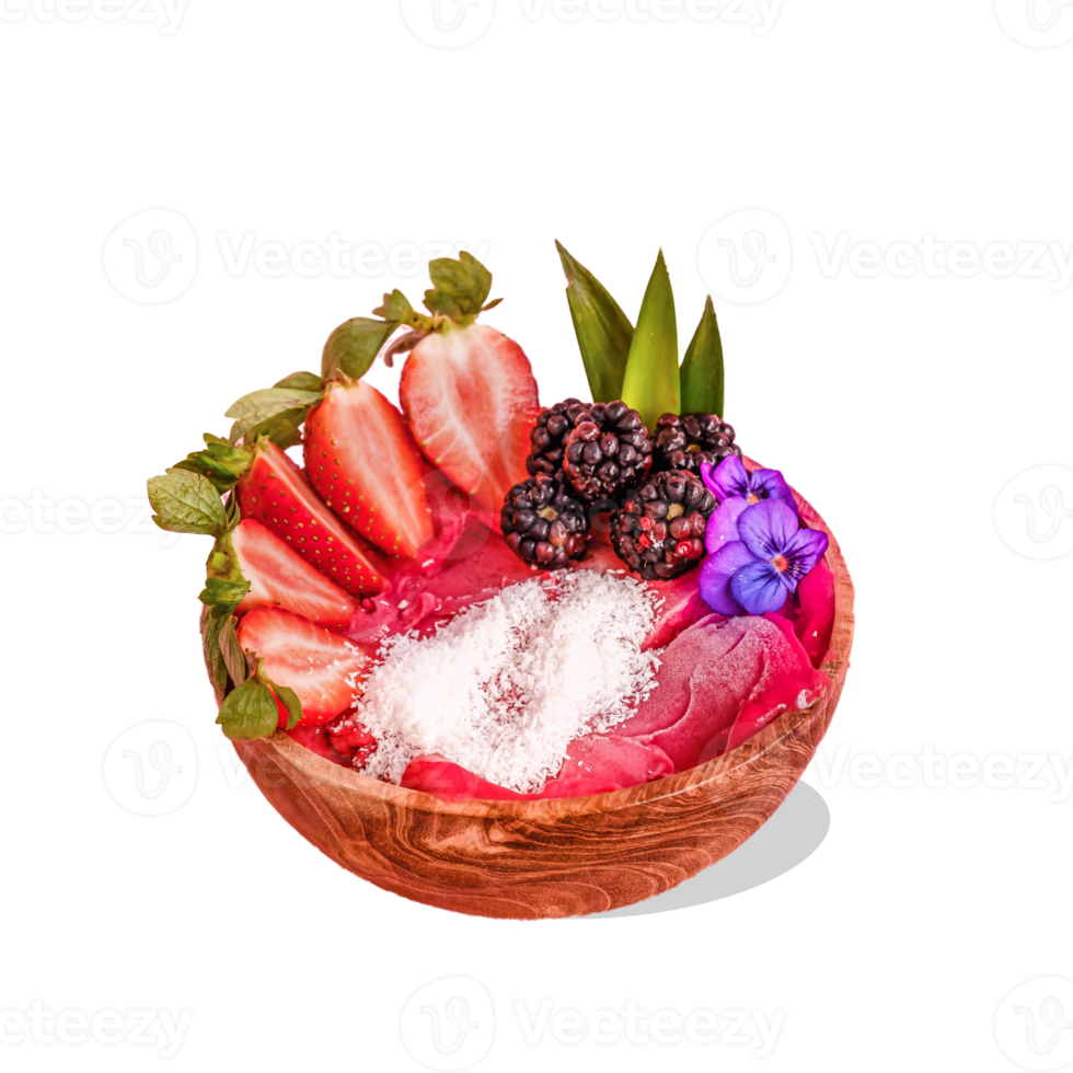 Berry blast acai bowl transparent image. Summer acai smoothie wooden bowls with strawberries, blackberries, kiwi fruit. Top view breakfast bowl with fruit and cereal, close-up. png