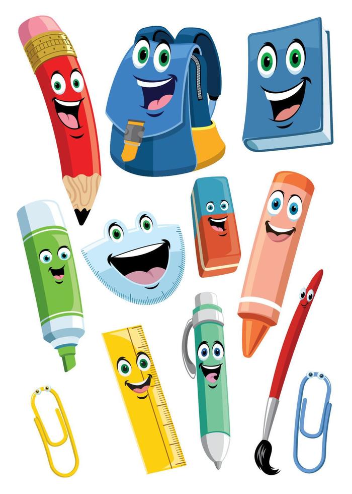 school supplies cartoon characters set vector