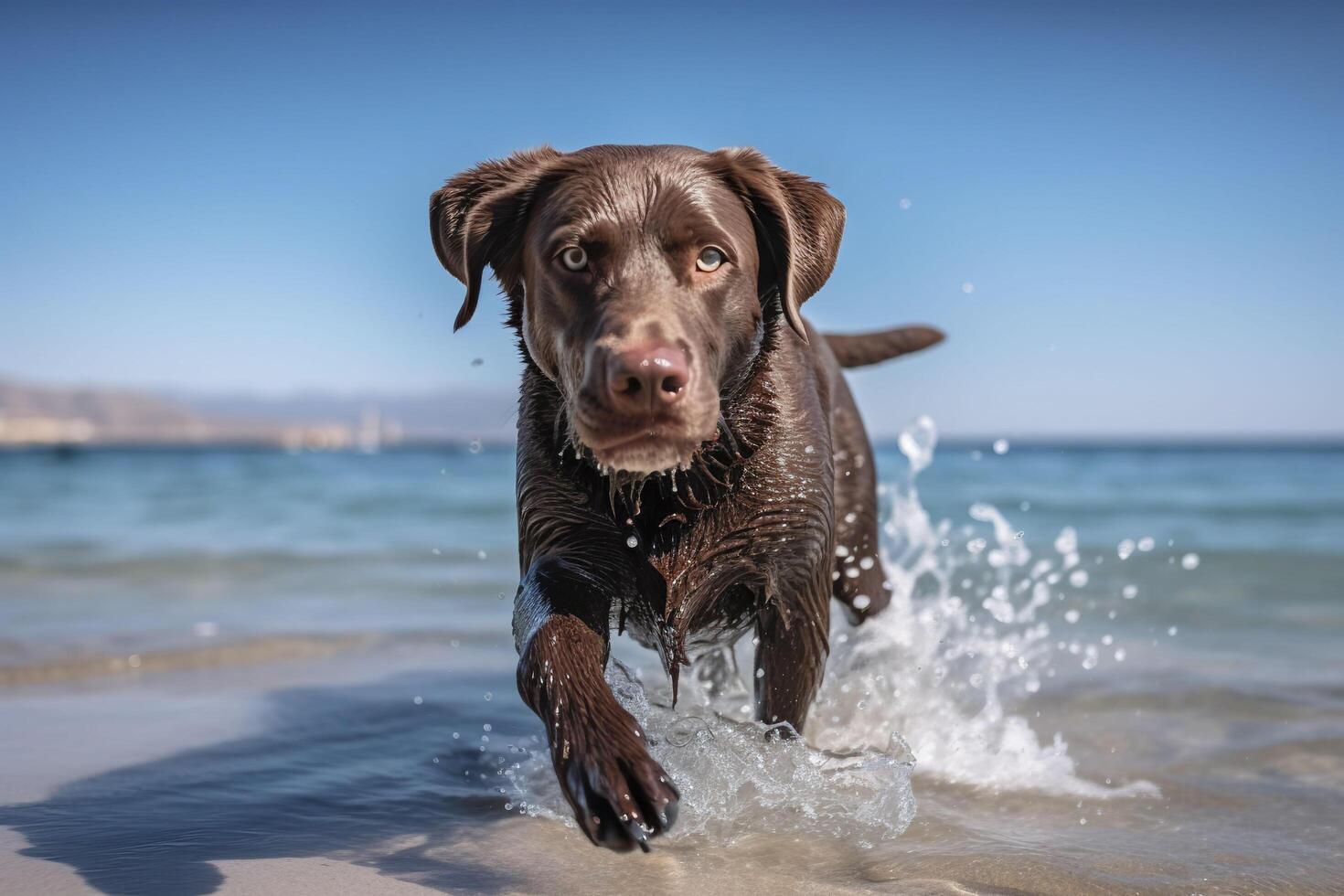 Brown Labrador Retriever runs on the sea. . photo